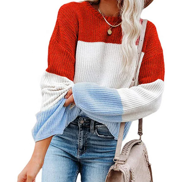 New style autumn winter crew neck puff sleeve triple color block women pullover sweater, As picture 
New style autumn winter crew neck puff sleeve triple color block women pullover sweater, As picture