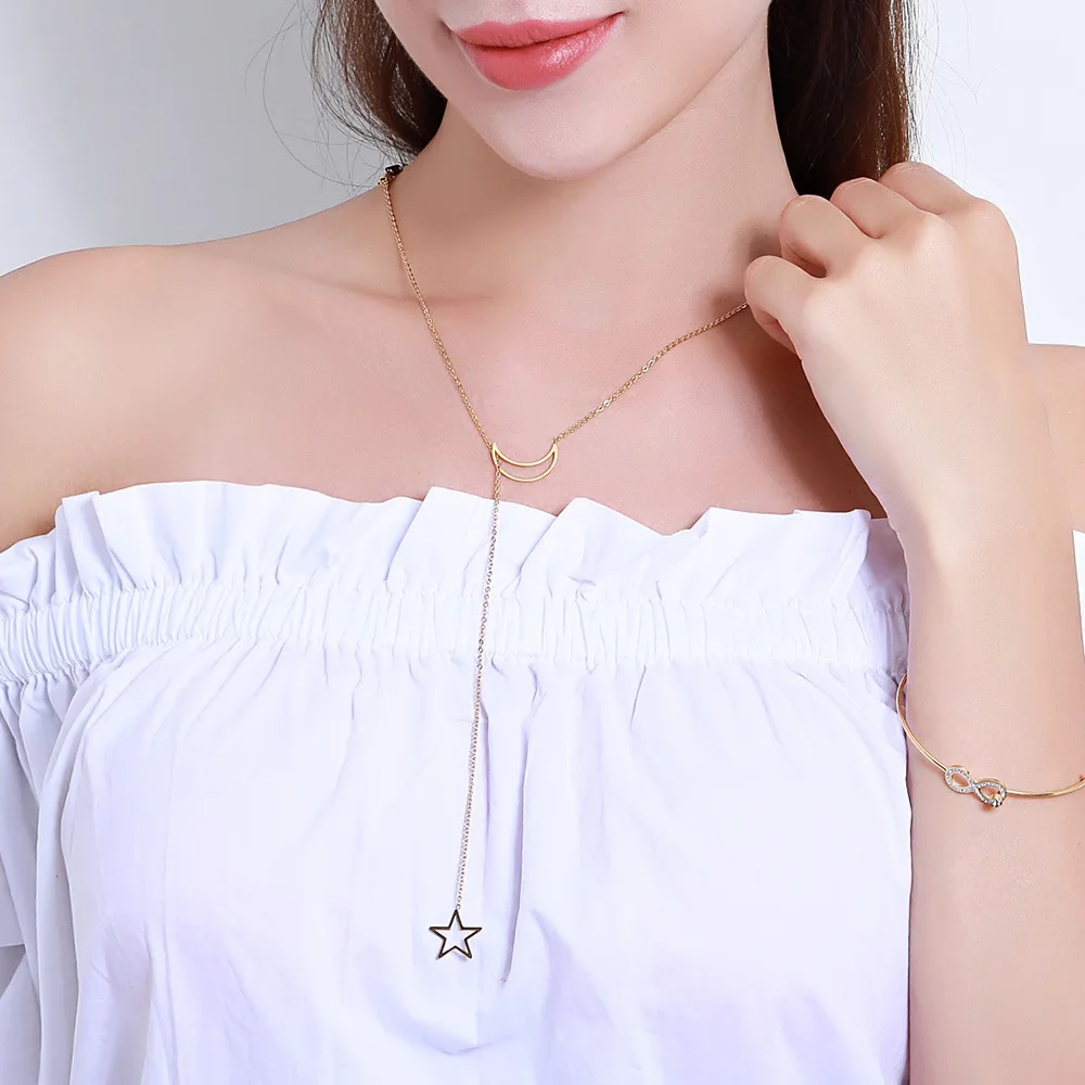 Simple Stainless Steel Necklace Gold Silver Plated Long Chain Star Moon Pendant Necklace
Simple Stainless Steel Necklace Gold Silver Plated Long Chain Star Moon Pendant Necklace