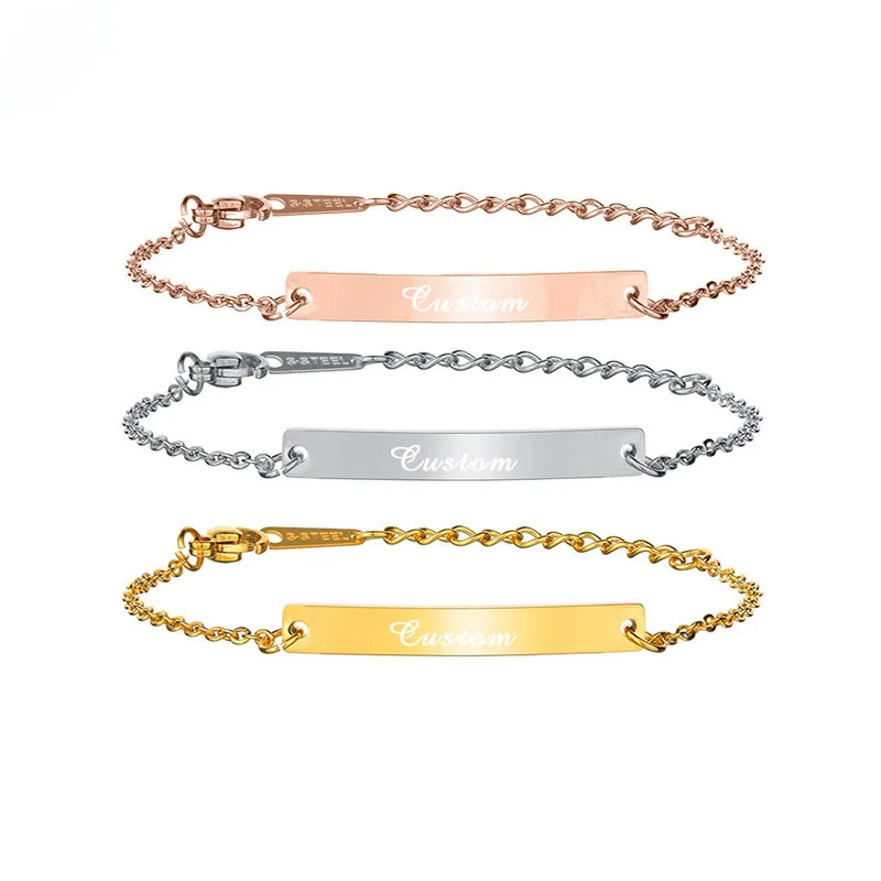 Fashion Stainless Steel Bar Jewelry Rose Gold Bracelets Name Engraved Bracelets for Men Women Children
Fashion Stainless Steel Bar Jewelry Rose Gold Bracelets Name Engraved Bracelets for Men Women Children