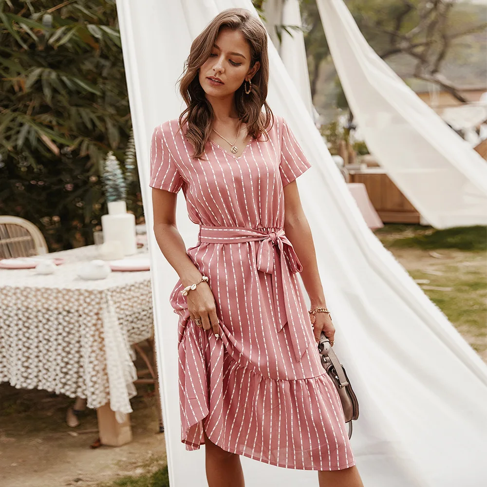 2021 New Summer Women Short Sleeve Mini Dress Casual V neck Striped Short Knee Length Dresses, Pink,yellow,green,navy,red or customized colors
2021 New Summer Women Short Sleeve Mini Dress Casual V neck Striped Short Knee Length Dresses, Pink,yellow,green,navy,red or customized colors