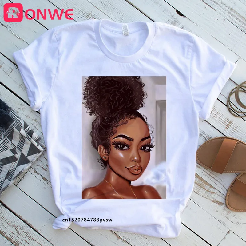 Women 2021 Summer Curly Hair Girl Black T-shirt Printed T-shirt for African Girls, White
Women 2021 Summer Curly Hair Girl Black T-shirt Printed T-shirt for African Girls, White