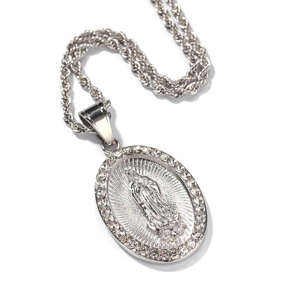 Hip Hop Stainless Steel Rhinestones Oval Goddess Pendant Individuality Military Card Necklace Trendy Unisex Jewelry Accessory, Gold silver 
Hip Hop Stainless Steel Rhinestones Oval Goddess Pendant Individuality Military Card Necklace Trendy Unisex Jewelry Accessory, Gold silver