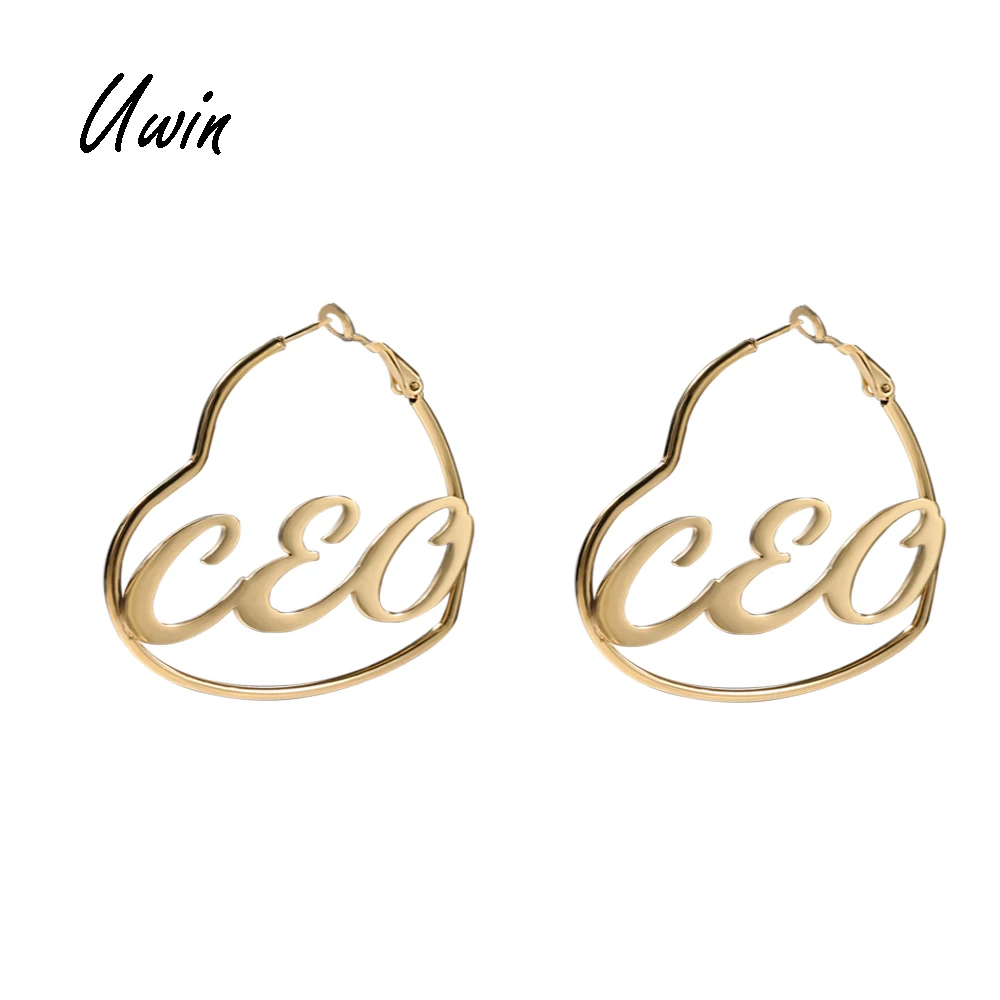 UWIN Fashion Customized Name Stainless Steel Heart Shaped Hoop Earrings PVD Gold Plated Earrings For Women
UWIN Fashion Customized Name Stainless Steel Heart Shaped Hoop Earrings PVD Gold Plated Earrings For Women