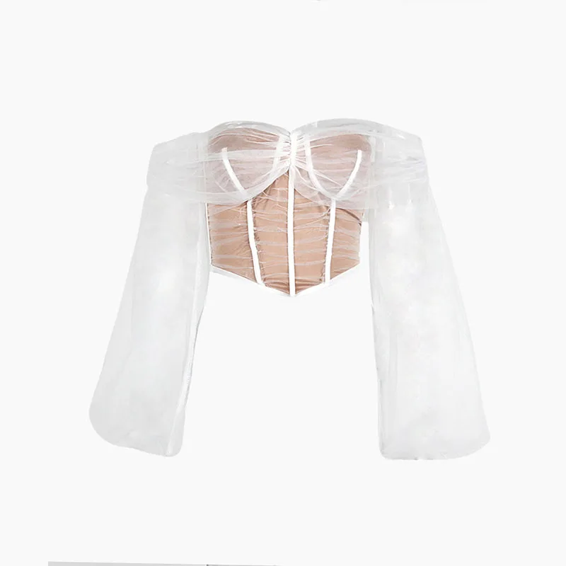 Mesh One-line shoulder bone corset blouses long sleeve transparent crop top, Picture
Mesh One-line shoulder bone corset blouses long sleeve transparent crop top, Picture