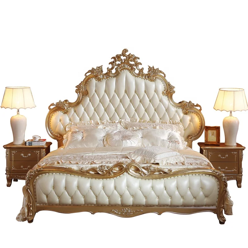 Антикварная Роскошная мягкая кожаная кровать французский стиль рококо деревянная мебель для спальни итальянский дизайн кровать
