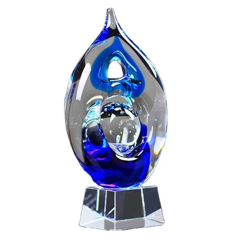 Blue Water Drop Hand Blown Glass Trophy Art Glass Achievement Award