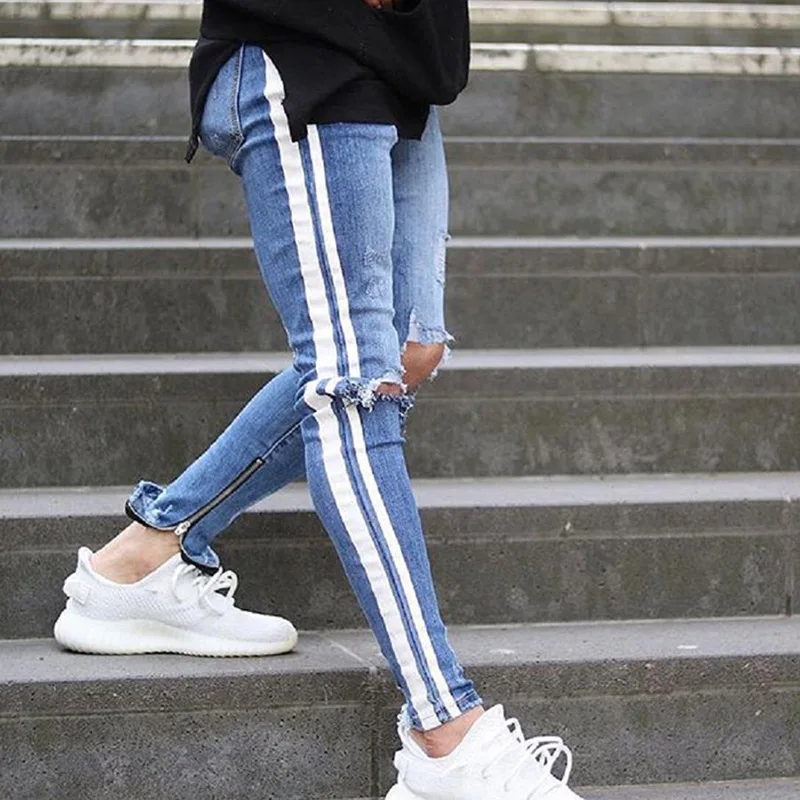 fashion double white side stripe heavy knee hole rips skinny mens jeans blue washed zipper ankle denim trousers
fashion double white side stripe heavy knee hole rips skinny mens jeans blue washed zipper ankle denim trousers