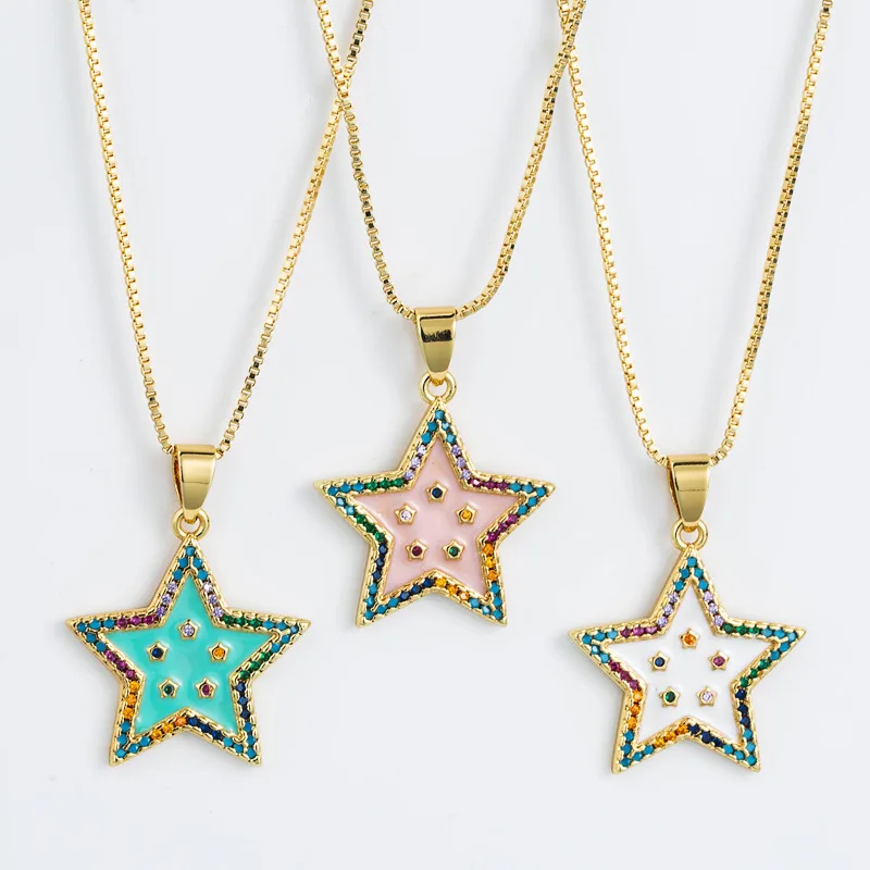 High Quality Rainbow Dripping Oil Brass Necklace Gold Plated Pentagram Zircon Pendant Women Fashion Necklace Jewelry
High Quality Rainbow Dripping Oil Brass Necklace Gold Plated Pentagram Zircon Pendant Women Fashion Necklace Jewelry