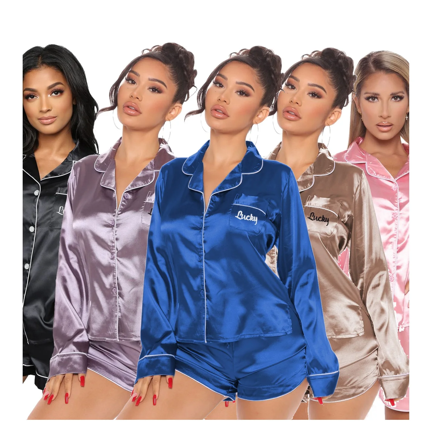 2021 New Adult silk two pieces pajamas 3xl long sleeve Short Sleepwear Set women Solid satin Pajamas 
2021 New Adult silk two pieces pajamas 3xl long sleeve Short Sleepwear Set women Solid satin Pajamas