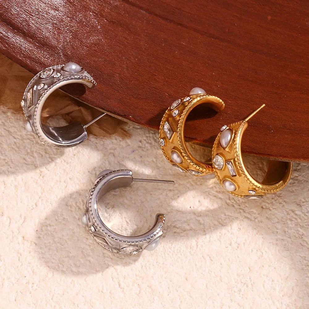 Luxury Geometric Shining Zircon Pearl Hoop Earrings Gold Plated Women Jewelry Stainless Steel
Luxury Geometric Shining Zircon Pearl Hoop Earrings Gold Plated Women Jewelry Stainless Steel