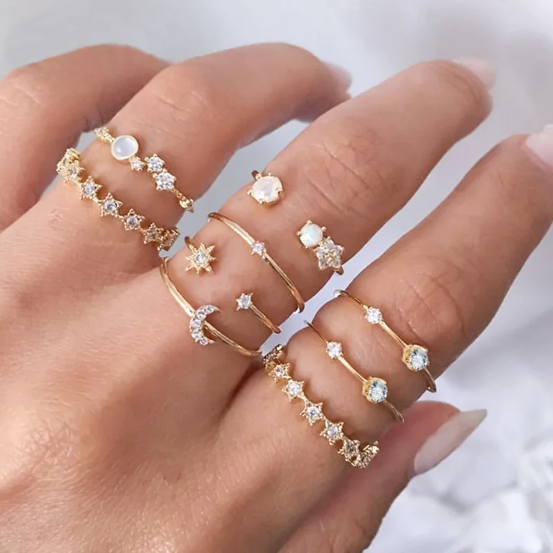 Amazon Hot Selling 9Pcs/Set 14K Gold Plated Diamond Star Ring Shiny Rhinestone Crystal Half Moon Finger Vintage Rings Set
Amazon Hot Selling 9Pcs/Set 14K Gold Plated Diamond Star Ring Shiny Rhinestone Crystal Half Moon Finger Vintage Rings Set