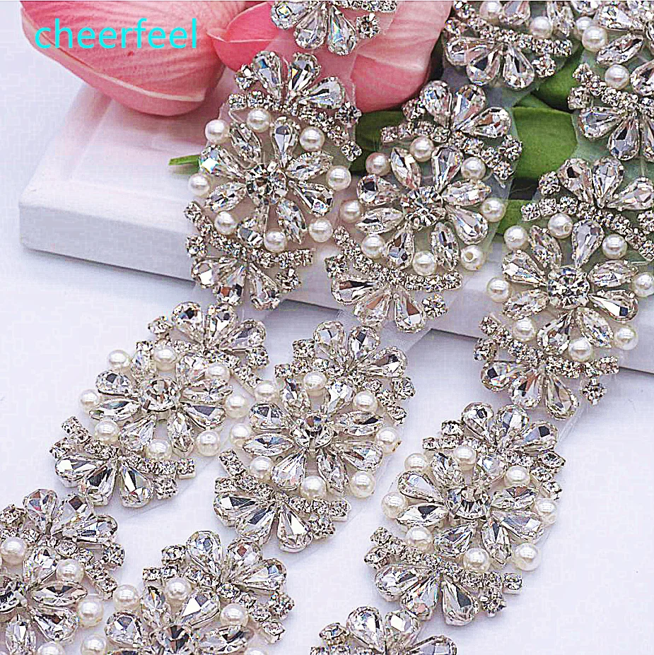 

Cheerfeel RH-675 Bling Bling Crystal and pearl embellished trim for wedding dress and garment decoration, Silver, gold rose gold
