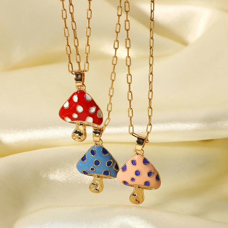 

Lovely Colorful Drip Glaze Small Mushroom Pendant Necklace Simple Enamel Clavicle Chain Fashion Trend Jewelry For Women, Picture shows