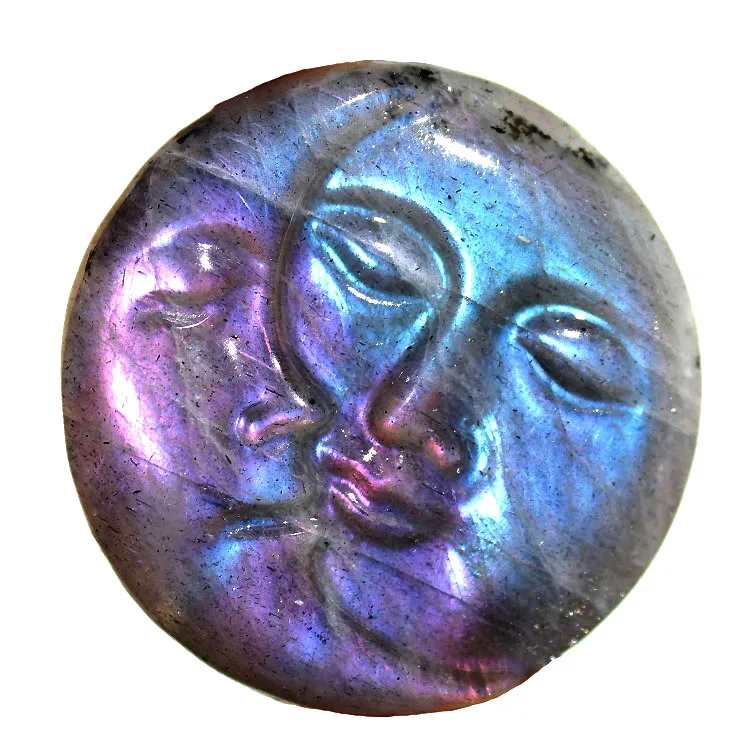

Hand Carved Natural Pink Purple Flash Labradorite Plam Stone Sun And Moon Face Carving For Pendant