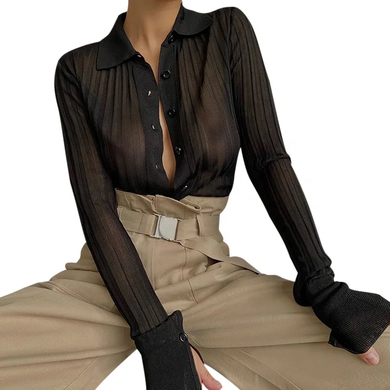 Women's Turn Down Collar Button Down Soild Long Sleeve Knit Ribbed Sexy See Through Shirt Blouse Tops, Black 
Women's Turn Down Collar Button Down Soild Long Sleeve Knit Ribbed Sexy See Through Shirt Blouse Tops, Black