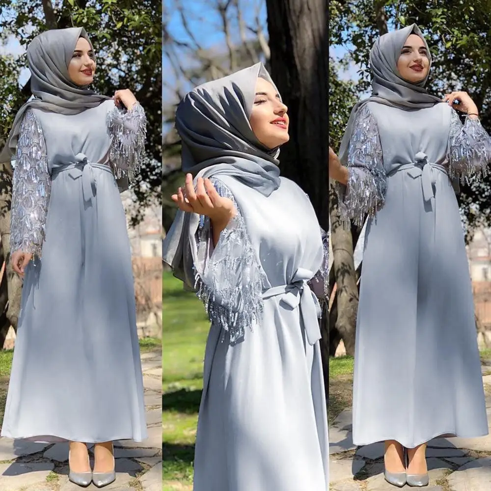 

Arabian Islamic Fashion Fringe Splicing Long Sleeve Dress High Quality Muslim Sequin Tassel Long Abaya Dress
