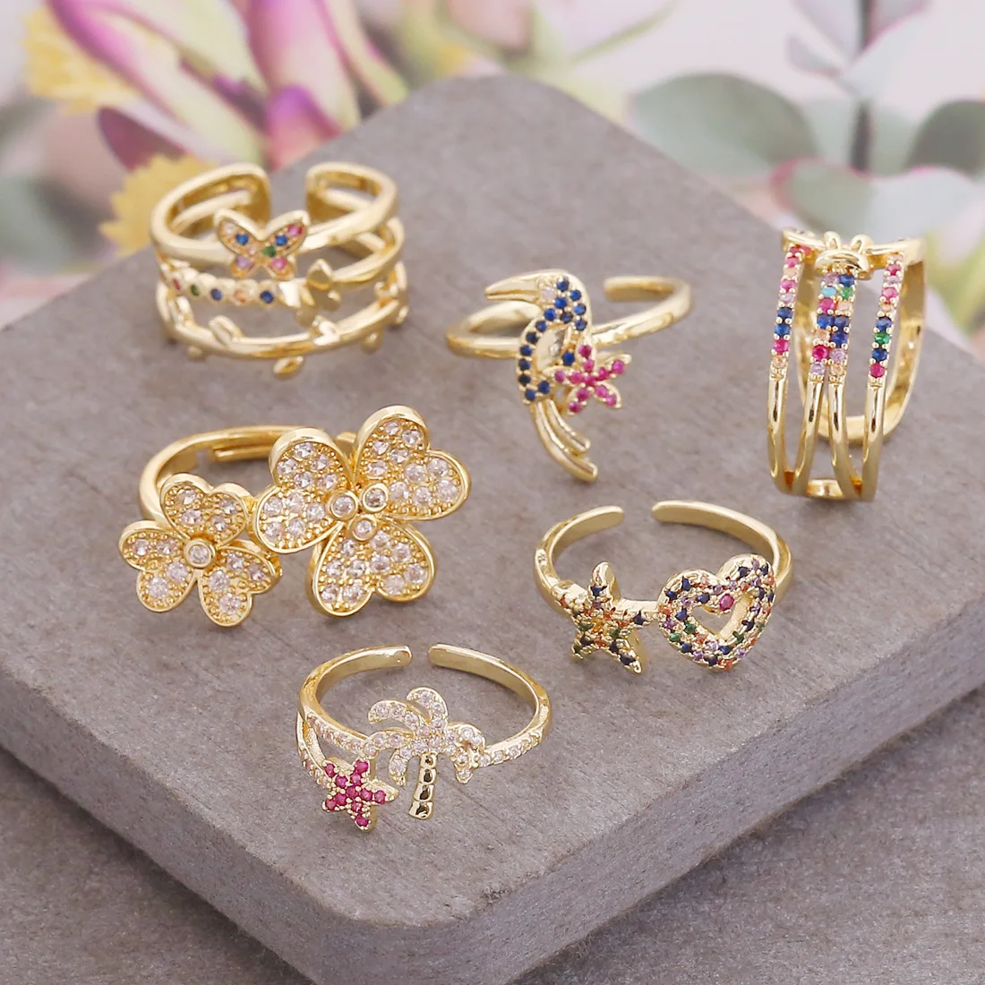 Exquisite Design 18K Gold Zircon Flower Opening Ring Rainbow CZ Bird Butterfly Ring For Women
Exquisite Design 18K Gold Zircon Flower Opening Ring Rainbow CZ Bird Butterfly Ring For Women