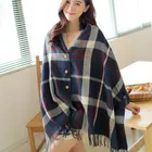 B1010 Triangle Scarf Double-sided Plaid Big Bib Shawl Plaid Blanket Scarf Fringed Cape With Button