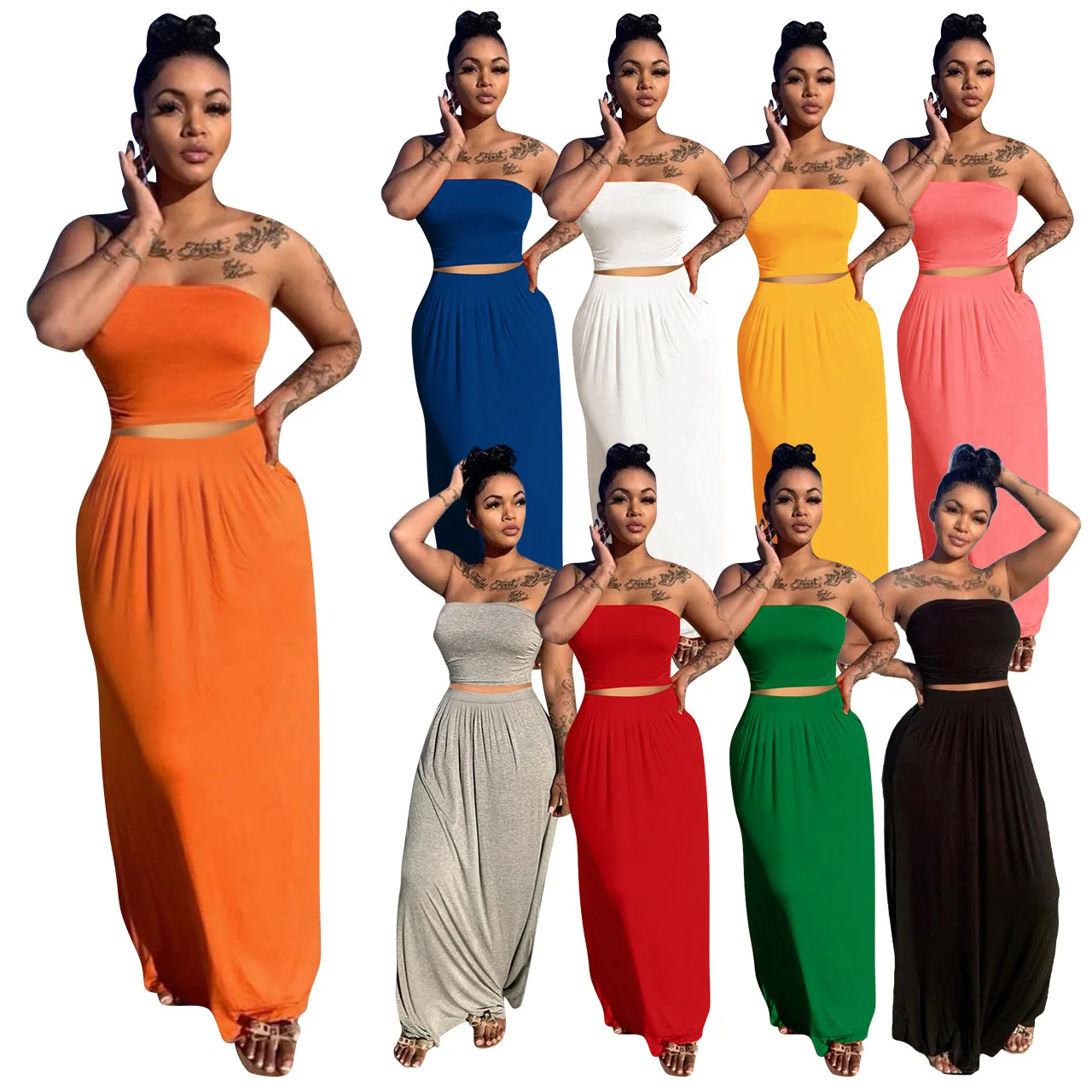 Off shoulder crop top high waist elastic long skirts two pieces set female fashion outfit
Off shoulder crop top high waist elastic long skirts two pieces set female fashion outfit