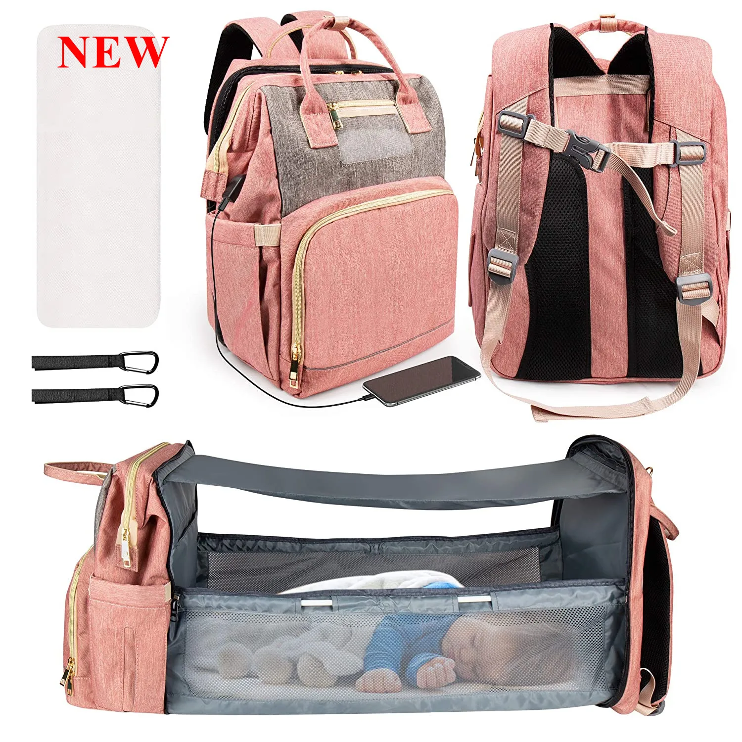 2021new 5 in 1 backpack folding crib diaper bag foldable changing station waterproof USB charging port baby bed backpack, Multi-color
2021new 5 in 1 backpack folding crib diaper bag foldable changing station waterproof USB charging port baby bed backpack, Multi-color