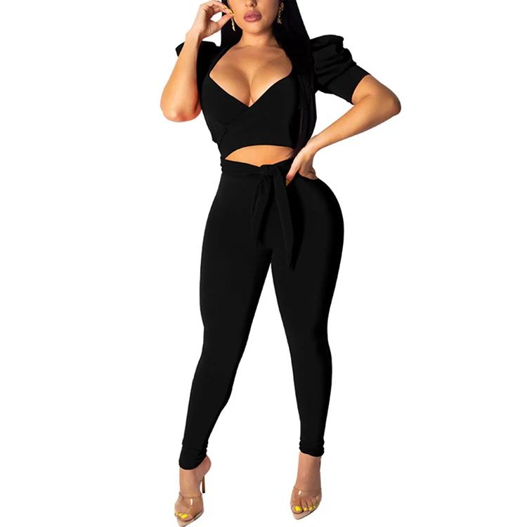 Short Sleeve Puff Sleeve Waist Tie Black Crop Top High Waist Sexy Casual 2 Piece Jumpsuit, As show
Short Sleeve Puff Sleeve Waist Tie Black Crop Top High Waist Sexy Casual 2 Piece Jumpsuit, As show