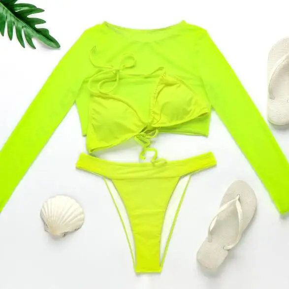 Women 3 Piece Swimwear Long Sleeve Mesh High Waist Bikini Set Bra+Bottom+Cover Up Swimsuit Set, Pink,green,orange or customized colors
Women 3 Piece Swimwear Long Sleeve Mesh High Waist Bikini Set Bra+Bottom+Cover Up Swimsuit Set, Pink,green,orange or customized colors