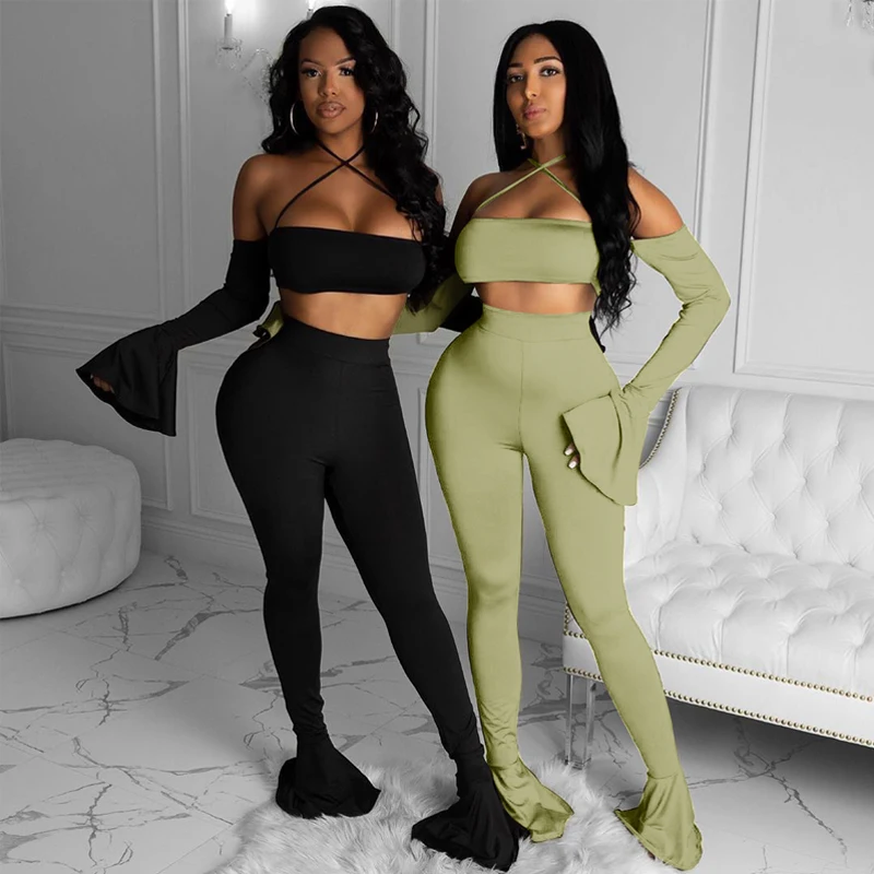 Women fashion casual clothes solid color bell sleeve design crop top set women 2 piece set clothing
Women fashion casual clothes solid color bell sleeve design crop top set women 2 piece set clothing