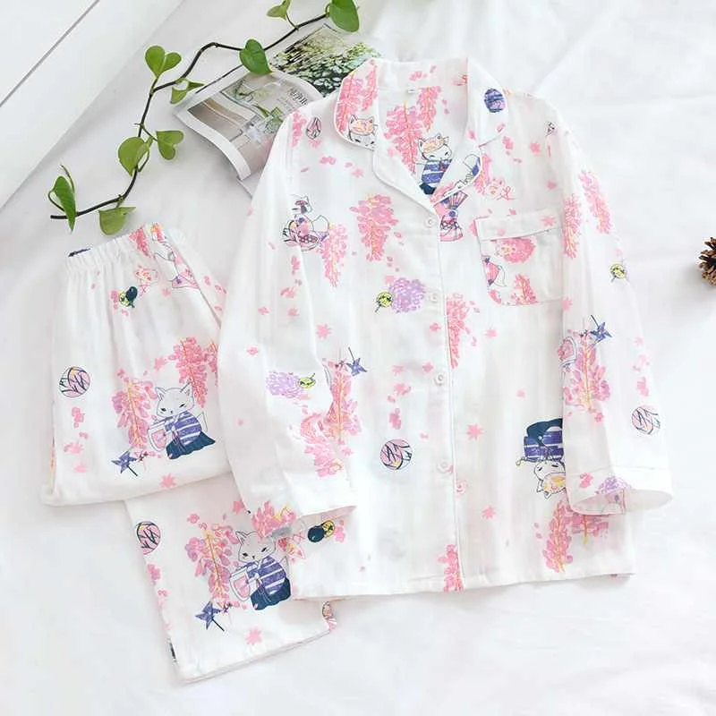 2021 Japanese spring and summer sleepwear two-piece 100% cotton gauze ladies long-sleeved cartoon casual home service suit thin, Pink, blue, white
2021 Japanese spring and summer sleepwear two-piece 100% cotton gauze ladies long-sleeved cartoon casual home service suit thin, Pink, blue, white