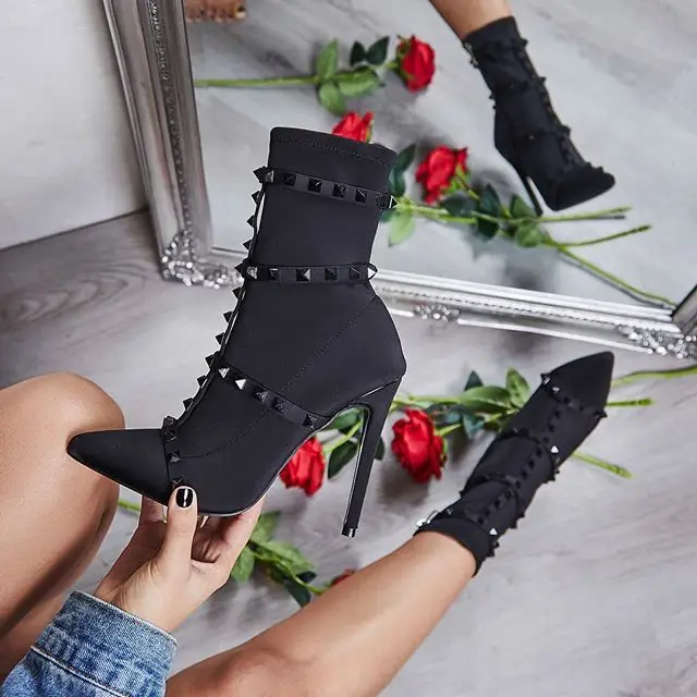 Punk-style pointed toe rivet design super high heel mid boots high heels shoes for women high heel shoes, Black
Punk-style pointed toe rivet design super high heel mid boots high heels shoes for women high heel shoes, Black