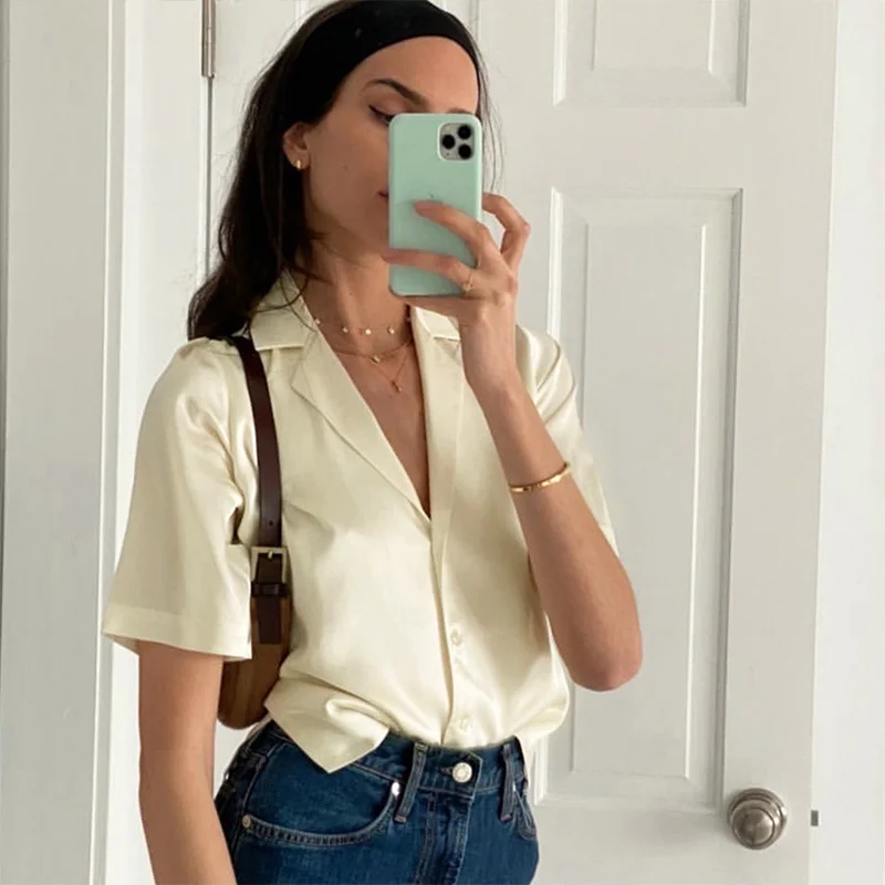 Wholesale Women Blouse Short Shirt Elegant Casual Comfortable V Neck Tops Solid Satin Lady
Wholesale Women Blouse Short Shirt Elegant Casual Comfortable V Neck Tops Solid Satin Lady