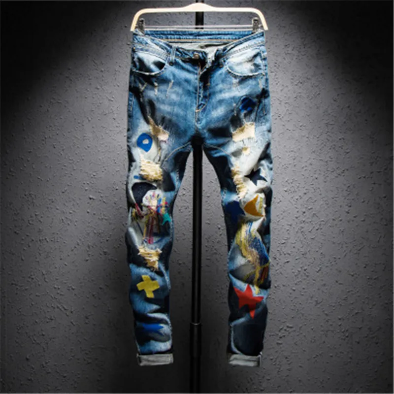 Fashion Casual Personality graffiti print ripped jeans men's Korean slim hip-hop casual denim trousers, Customized color
Fashion Casual Personality graffiti print ripped jeans men's Korean slim hip-hop casual denim trousers, Customized color