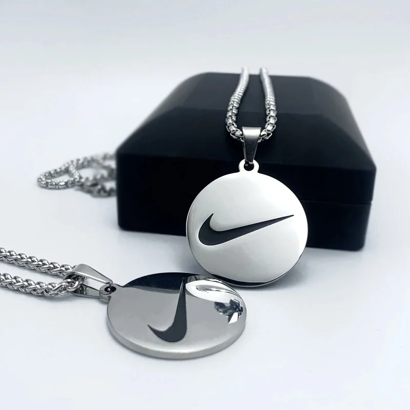 Stainless steel round brand black carved logo hook necklace men's hip hop fashion necklace, Silver color 
Stainless steel round brand black carved logo hook necklace men's hip hop fashion necklace, Silver color