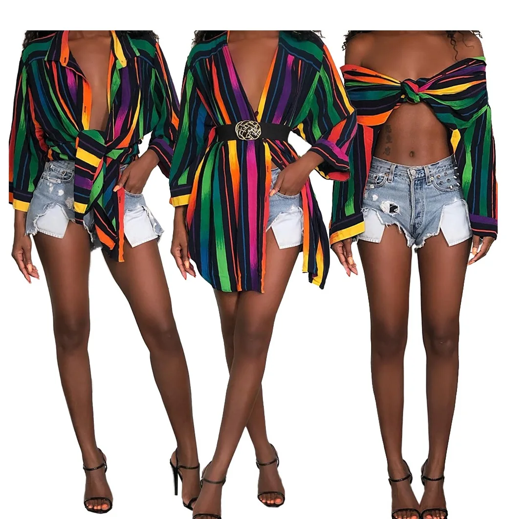 2021 Women Long Sleeve Blouse Casual Contrast Color Rainbow Sexy Striped Printing Nightclub Beach Fashion Shirt Tops Dress, Picture
2021 Women Long Sleeve Blouse Casual Contrast Color Rainbow Sexy Striped Printing Nightclub Beach Fashion Shirt Tops Dress, Picture