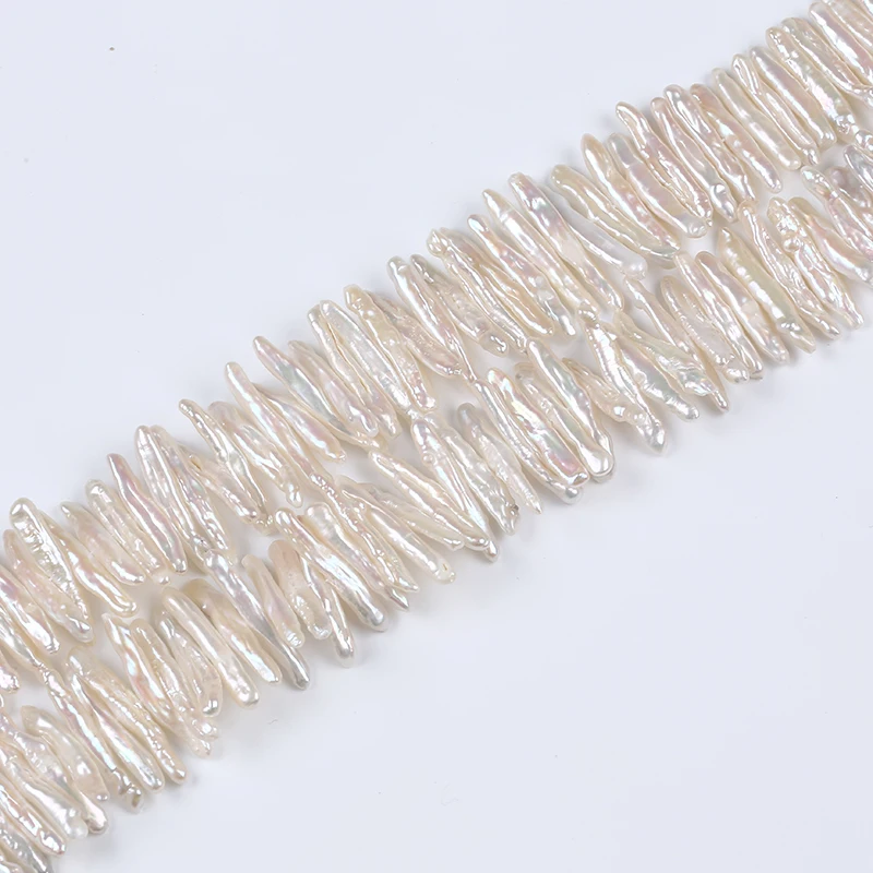 Wholesale center drilled long stick pearl loose biwa pearl strand, White