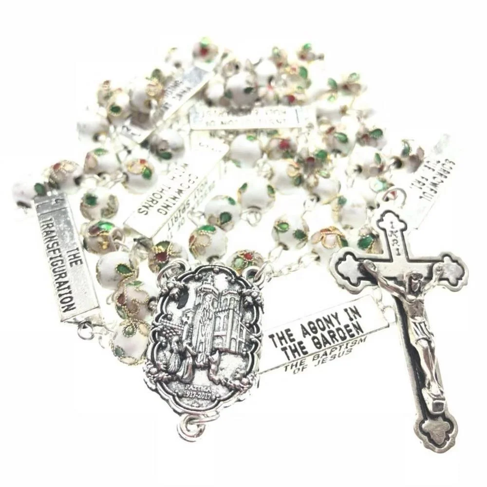 Popular 8mm white cloisonne rosary necklace with five mysteries, White, gold,green, red,black,blue, etc
Popular 8mm white cloisonne rosary necklace with five mysteries, White, gold,green, red,black,blue, etc