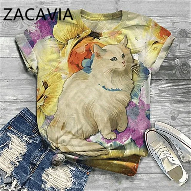 2021 summer new cute cat print T-shirt round neck short sleeve women's tees top, As pic
2021 summer new cute cat print T-shirt round neck short sleeve women's tees top, As pic