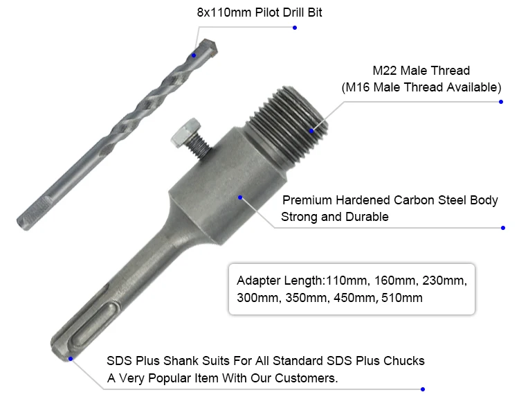SDS Plus M22 Thread TCT Core Drill Bit Adapter for TCT Core Drill Bit