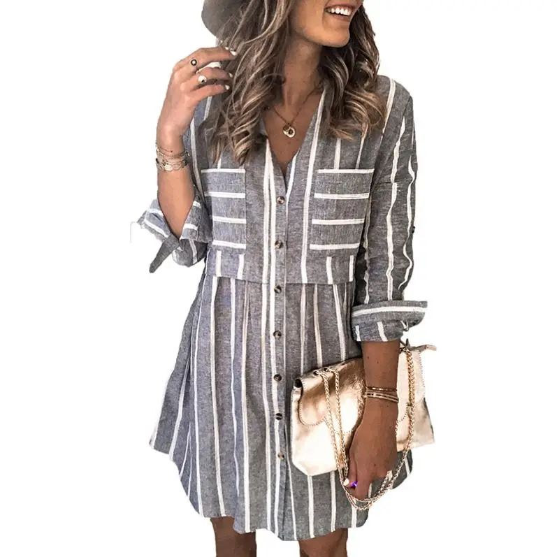 2020 New Design High Quality Casual Gray Contrast Striped Buttoned Women Shirt Dress, Customized
2020 New Design High Quality Casual Gray Contrast Striped Buttoned Women Shirt Dress, Customized