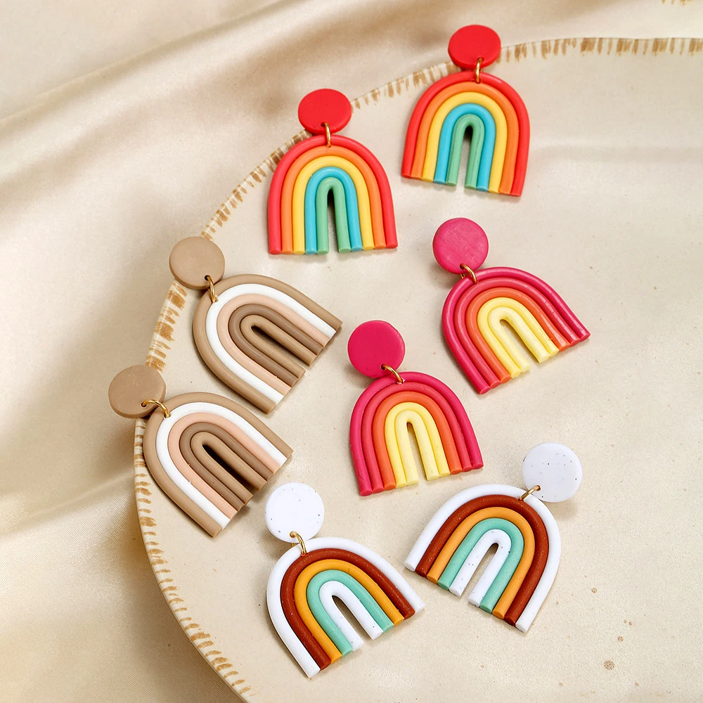 

Bohemian Colorful Drop Dangle Large Rainbow Cloud Pendant Women Ladies Handmade Polymer Clay Earrings Jewelry