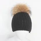 Wholesale Winter striped Knitting Fur Pom Pom On Top Beanie Hat Black Merino Wool