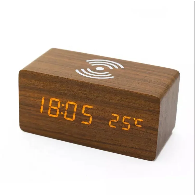 

Digital desk clock wooden Qi wireless charging modern smart led light digital temperature calendar table alarm clock charger