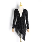 2020 early spring new flocking bright silk lace stitching sexy V-neck long sleeve shirt irregular hem shirt women