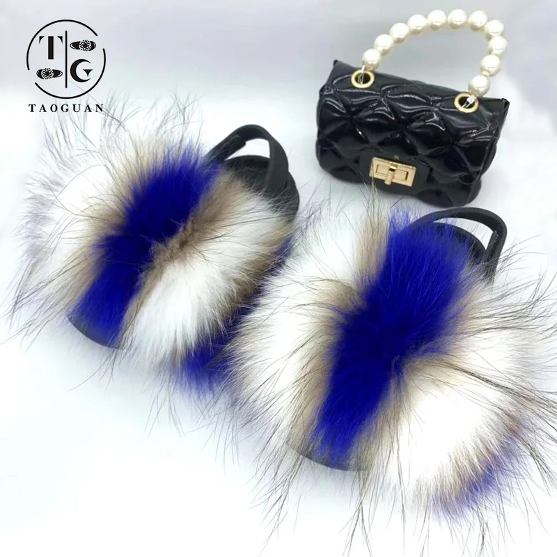 Luxury summer slides kids faux fox fur sandal real fur slippers and jelly bag for women, Customized color 
Luxury summer slides kids faux fox fur sandal real fur slippers and jelly bag for women, Customized color