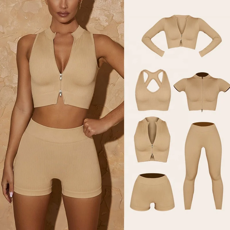 2022 Women 6 Piece Ribbed Yoga Sportswear Set Zipper Natural Color Activewear Jogger Seamless Fitness Gym Clothing Set
2022 Women 6 Piece Ribbed Yoga Sportswear Set Zipper Natural Color Activewear Jogger Seamless Fitness Gym Clothing Set