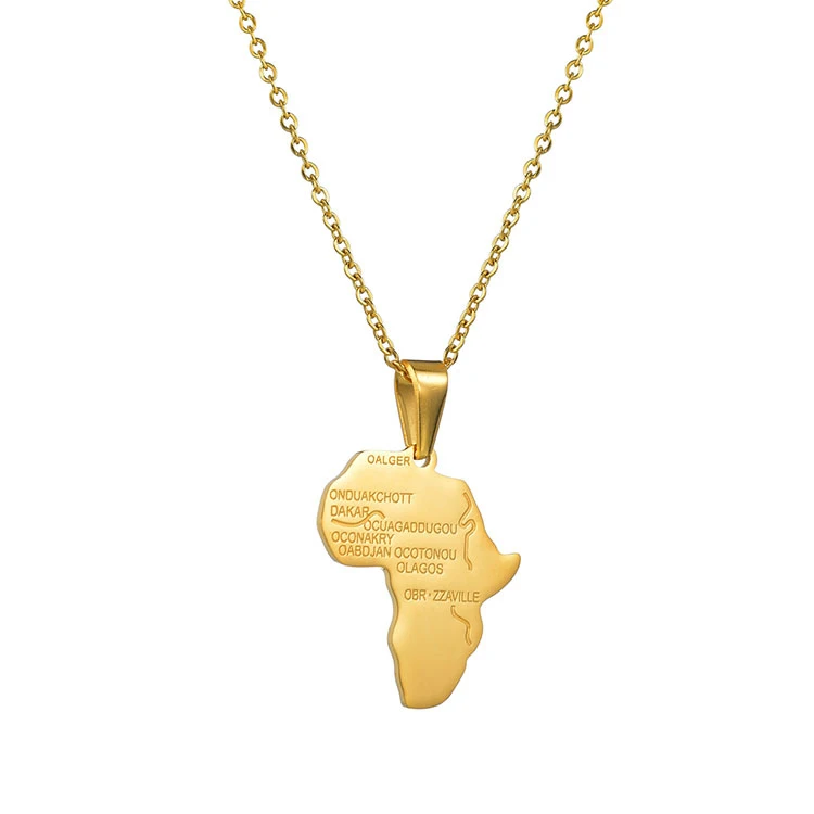 

2021 Hip Hop 316L Stainless Steel Gold Chain Necklace Africa Map Pendant Alphabet African Map Necklace