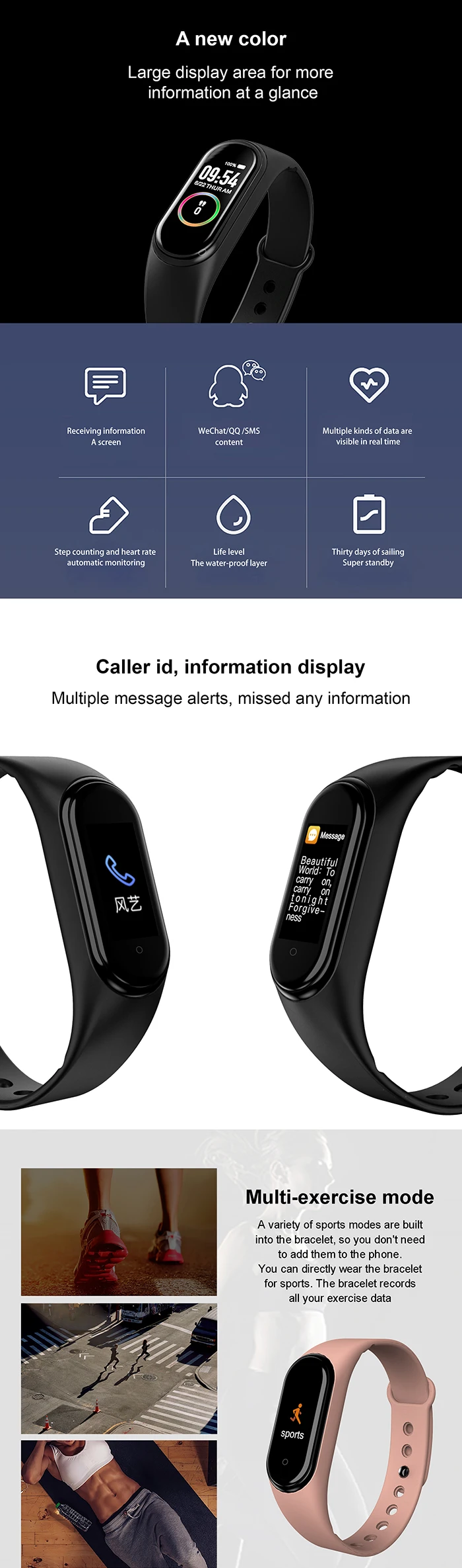 批发价格 ip68 防水智能手环血压心率监测器 m4 智能手表