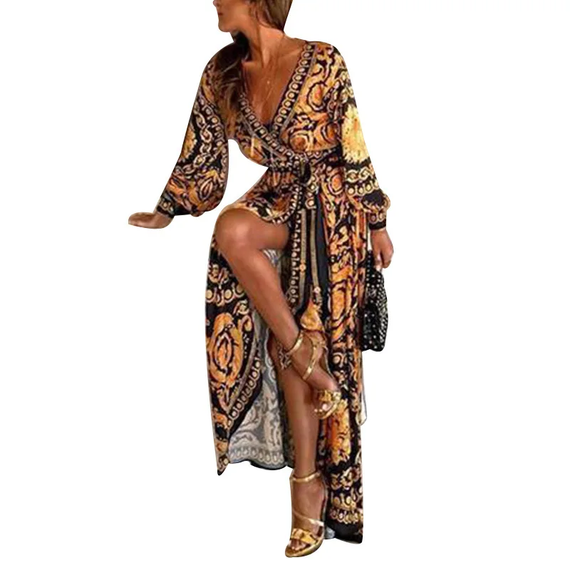 Elegant Vintage Bohemian Dressed Retro Floor Length V-neck Dress with High Silt Women Sexy Boho Dress
Elegant Vintage Bohemian Dressed Retro Floor Length V-neck Dress with High Silt Women Sexy Boho Dress