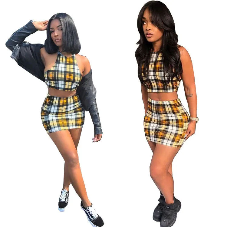 2021 new arrivals sexy plaid print sleeveless crop top sportswear dress two piece casual dresses, As the picture show 
2021 new arrivals sexy plaid print sleeveless crop top sportswear dress two piece casual dresses, As the picture show