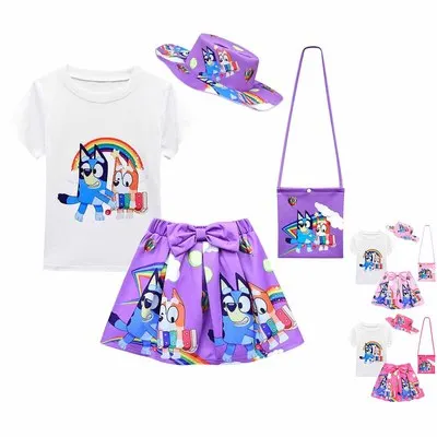

Free Shipping Cocomelon Clothes Tiktok LOL Unicorn Bluey Cartoon Kids Girls Clothing Set Tshirt Skirt With Bag Causal Summer