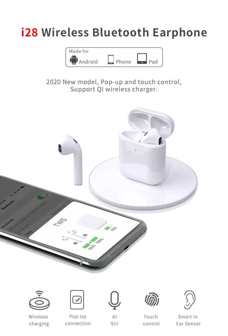 Enle Newest Products i28 TWS wireless charging smart sensor real battery display Earbuds V5.0 Stereo Mini Wireless BT Earphone - ANKUX.COM